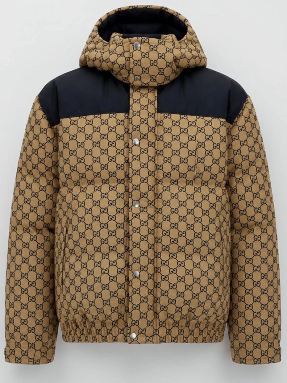 Gucci Men's GG Beige Black Puffer Jacket Canvas Goose Down Hooded Size 48 M